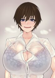 1girls big_breasts female female_only looking_down sweat tagme tokitamago transparent_clothing underwear very_short_hair