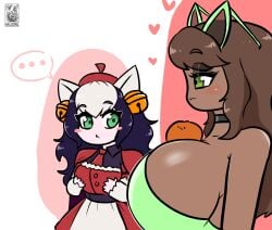 ... 2022 2d 2d_(artwork) bells big_breasts breasts camila_(investorinlewds) cat_ears choker coconut dark-skinned_female dark_skin girl_staring_at_guy's_chest green_dress green_eyes green_sunglasses haloowl heart hi_res highres huge_breasts large_breasts massive_breasts meme object_between_breasts original purple_hair red_clothing sadie_(sadcat) sideboob sunglasses sunglasses_on_head white_hair