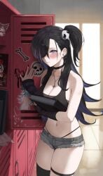 1girls belly belly_button black_hair black_nails blue_eyes blush breasts busty choker cleavage crop_top cross_necklace ear_piercing female female_only g-string goth goth_girl hair_over_one_eye highleg highleg_panties locker lockers midriff nail_polish necklace_between_breasts oh_(aung_ae) original original_character pale-skinned_female shorts skull thick_thighs thong thong_above_shorts thong_straps