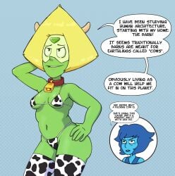 alien annoyed bikini blue_hair blue_skin cartoon_network cow_bikini cow_girl cow_horns cow_print cowbell dialogue exhibitionism female female_only gem_(species) green_skin lapis_lazuli_(steven_universe) peridot_(steven_universe) sauceart speech_bubble steven_universe visor yellow_hair