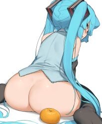 1girls abmayo aqua_eyes aqua_hair armwear ass back_view black_legwear blush bottomless eye_contact female female_only hatsune_miku legwear long_hair looking_at_viewer looking_back sitting solo tangerine_(fruit) twintails vocaloid