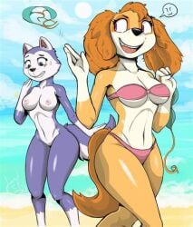 anthro beach bikini blue_eyes canid canine diacordst digital_media_(artwork) embarrassed everest_(paw_patrol) female_only furry laughing nude orange_fur paw_patrol pink_eyes public_nudity purple_fur skye_(paw_patrol) swimwear two_tone_body two_tone_fur undressing white_fur