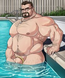 bear_(body_type) big_cock big_penis cock_ring da_ddy22 dadee flaccid flaccid_penis glasses hairy_chest huge_cock looking_at_viewer male male_only muscles muscular muscular_male outdoors outside pool uncut veiny_penis