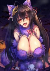 1girls ahoge animal_ear_fluff animal_ears azur_lane bangs bird_mask black_hair black_nails blood blush breasts cleavage commentary_request cosplay dangerous_beast elbow_gloves female female_only fog fur_collar fur_trim ghost gloves hair_ribbon halloween halloween_costume hat huge_breasts jack-o'-lantern light-skinned_female light_skin mash_kyrielight_(dangerous_beast)_(cosplay) mask mask_on_head nail_polish official_alternate_costume open_mouth pink_ribbon purple_gloves purple_thighhighs red_eyes red_ribbon ribbon ryo_(sora-ryu) sakura_empire_(azur_lane) solo taihou_(azur_lane) thighhighs twintails witch_hat