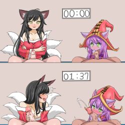 2boys 2girls ahri attribute_swap black_hair blush breasts cum ejaculation fellatio fox_ears fox_tail green_eyes japanese_clothes league_of_legends lulu_the_fae_sorceress panels penis purple_hair purple_skin riot_games veiny_penis witch_hat yellow_eyes yordle