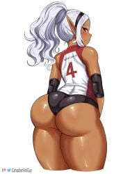 1girls ass back_view big_ass big_butt blush breasts bubble_ass bubble_butt canadiananiguy curvy dark-skinned_female dark_elf dark_skin elbow_pads elf elf-san_wa_yaserarenai female headband humanoid kuroeda long_hair looking_back pointy_ears ponytail short_shorts shorts thick_thighs volleyball_uniform white_hair wide_hips