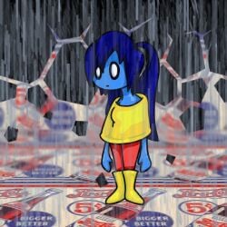 big_breasts big_hair blue_body blue_hair blue_skin boobs breasts female female_only giant_breasts long_hair massive_breasts pants pepsi pepsi-chan pepsi_addict pepsiwoman ponytail rain rain_boots raincoat raining red_pants rule_63 sad