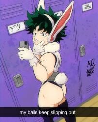 1boy ancient-onyx ass big_ass big_butt bunny_ears bunny_tail butt cosplay crossdressing crossdressing_male deku fat_ass fat_butt femboy freckles gay green_eyes green_hair huge_ass huge_butt izuku_midoriya leotard male male_only miruko_(cosplay) my_hero_academia phone playboy_bunny shounen_jump solo suggestive_pose text thick_ass thick_butt yaoi