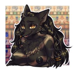 anthro barbaress big_breasts black_body black_fur black_nipples breasts canid canine canis cheek_tuft chest_tuft facial_tuft female fur hi_res jewelry mammal multicolored_body multicolored_fur nipples smile smiling_at_viewer solo thyra_(muellbandit) tuft two_tone_body two_tone_fur wolf yellow_eyes