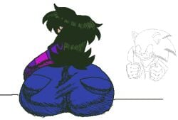 ass ass_bigger_than_head ass_bigger_than_torso back_view behind_view big_ass big_butt black_hair boutta_dive_in bubble_butt character_in_background creepypasta dat_ass enormous_ass exe_(revie) faker_(revie) huge_ass huge_butt hyper_ass hyper_butt jeans licking_lips long_hair looking_at_viewer looking_back massive_ass mranonys needlemouse_(series) purple_sweater red_eyes sarah_henderson_(needlemouse) simple_background sitting sonic.exe sonic.exe_(series) tagme