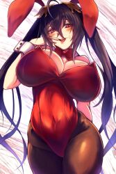 1girls ahoge animal_ears azur_lane bangs black_hair black_pantyhose blush bow bowtie breasts covered_navel cowboy_shot fake_animal_ears female female_only finger_to_mouth hair_between_eyes huge_breasts leotard light-skinned_female light_skin open_mouth pantyhose playboy_bunny rabbit_ears red_bow red_bowtie red_eyes red_leotard red_neckwear ryo_(sora-ryu) sakura_empire_(azur_lane) solo taihou_(azur_lane) tongue tongue_out twintails wrist_cuffs