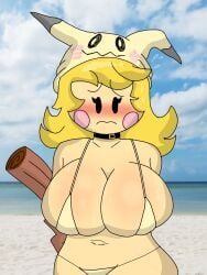 2d 2d_(artwork) barely_clothed beach big_breasts big_butt big_thighs bikini black_eyes blonde blonde_female blonde_hair blush blushing_at_viewer breasts brown_tail chanceslow chubby chubby_female collar flustered hair high_resolution highres huge_breasts large_breasts long_hair looking_at_viewer mimi_(chanceslow) oc ocean outside photo_background pink_cheeks pokemon pov sand sky sweat sweating swimsuit thighs uncomfortable viewer_pov worried worried_expression worried_look yellow_bra yellow_hair yellow_hat yellow_panties