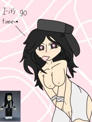 1girls black_hair blush breasts condom_in_mouth condom_wrapper female female_only fembuilderslapper heart_eyes lewdslapper original_character pussy reference_image roblox roblox_avatar robloxian rule_63 simple_background solo source_request sweat tagme towel ushanka