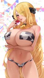 1girls blonde_hair breasts cow_print cow_print_bikini cynthia_(pokemon) female hair_over_one_eye huge_breasts light-skinned_female light_skin long_hair massive_breasts nintendo pokemon pokemon_dppt sumisumii thick_thighs