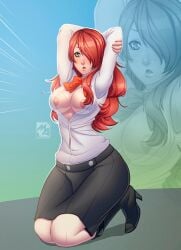 blush embarrassed female female_only kneeling mesiasart mitsuru_kirijo persona persona_3 popped_button red_eyes red_hair solo solo_female wardrobe_malfunction