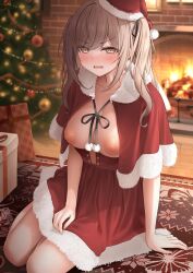 1girls amber_eyes annoyed areolae bangs blush box breasts brown_eyes brown_hair christmas christmas_outfit christmas_tree clavicle cleavage clothing eyes_visible_through_hair female hair_ornament hat headwear high_resolution imouto-chan_(monaka_curl) large_areolae large_breasts light-skinned_female light_skin looking_at_viewer monaka_curl nipples no_bra original parted_lips red_headwear rug santa_hat solo tied_hair twintails