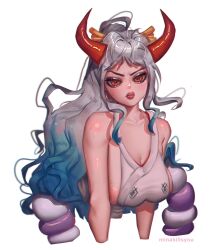 1girls big_breasts blue_hair blue_highlights blush breast_squish breasts brown_eyes clothed clothing curvy disembodied ear_piercing earrings female female_focus female_only gradient_hair hi_res highres hoop_earrings horned_humanoid horns humanoid light-skinned_female light_skin long_hair looking_at_viewer minakillsyou multicolored_hair one_piece oni oni_female oni_horns orange_eyes red_lips revealing_clothes sideboob simple_background solo two_tone_hair very_high_resolution white_background white_hair yamato_(one_piece) youkai