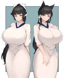 2girls atago_(azur_lane) azur_lane big_breasts black_hair breasts breasts_bigger_than_head duo female_only huge_breasts kappougi multiple_girls sisters tagme takao_(azur_lane) tokitamago yellow_eyes