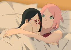 2girls adult after_sex age_difference black_hair boruto:_naruto_next_generations bra breasts closed_eyes cuddling eyewear female female/female female_only glasses green_eyes happy happy_female incest looking_at_partner megane milf mother_and_daughter multiple_girls naruto naruto_(series) older_female optimystic pink_hair red-framed_glasses red_bra sakura_haruno sarada_uchiha teenager topless under_covers underwear younger_female yuri