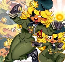 _plantshavelegs blonde_hair eye_patch fertilizing_(artist) humanized major_sweetie_(pvz) military plants_vs_zombies sfw sun sunflower_(pvz) thick_thighs