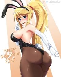 1girls ass big_ass big_butt blonde_hair blue_eyes breasts bunny_ears bunny_tail bunnysuit canadiananiguy female gloves huge_ass leotard looking_back metroid nintendo pantyhose ponytail samus_aran sideboob thick_thighs wide_hips