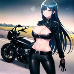 1girls ai_generated belt big_breasts black_gloves black_jacket cleavage cowboy_shot danganronpa danganronpa:_trigger_happy_havoc ground_vehicle hair_ornament leather leather_jacket long_hair long_sleeves maizono_sayaka midriff motor_vehicle motorcycle nai_diffusion outdoors smile solo stable_diffusion strapless