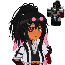 1girls artist_request black_hair clothed engineer_(tds) eyepatch female futuristic_clothing grey_eyes hairclip half_body roblox roblox_game robloxian smiling_at_viewer source_request tagme tan_skin tower_defense_simulator underboob