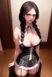 2023 ai_generated black_hair female_focus female_only garter_belt hair_braid long_hair nai_diffusion stable_diffusion stockings the_addams_family twintails_(hairstyle) wednesday_addams