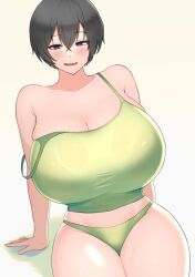 1girls big_breasts bikini_bottom blue_eyes blush crop_top green_clothing green_topwear grey_hair huge_breasts looking_at_viewer pale-skinned_female pale_skin smile smiling_at_viewer tagme tokitamago wet_body