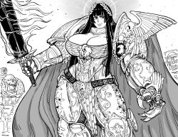 1girls armor bb_(baalbuddy) cleavage female god-emperor_of_mankind huge_breasts imperium_of_man long_hair monochrome ork power_armor rule_63 sword thick_thighs warhammer_(franchise) warhammer_40k