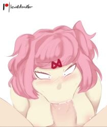 1boy 1girls :>= animated areolae blowjob blowjob_face blush breasts cum cum_in_mouth cumshot doki_doki_literature_club fellatio from_above lewddoodler light-skinned_female light-skinned_male light_skin natsuki_(doki_doki_literature_club) nipples penis pink_eyes pink_hair pov shorter_than_30_seconds simple_background sound surprised surprised_expression thick_thighs vertical_video video watermark white_background