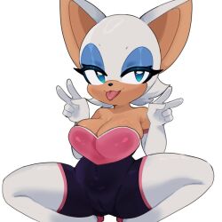 2022 anthro armwear bare_shoulders bat blue_eyes breasts camel_toe cleavage clothed clothing elbow_gloves eyeshadow female fur genitals gloves half-closed_eyes handwear makeup mammal narrowed_eyes pussy rouge_the_bat sega seisoporl simple_background solo sonic_(series) sonic_the_hedgehog_(series) tan_body tan_skin tongue tongue_out white_background white_body white_fur