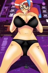 big_breasts black_lingerie blue_eyes glasses huge_breasts noir-black-shooter orange_hair original_character striped terra_mandrile