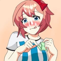 argentina argento blue_eyes brush clothed clothed_female condom condom_wrapper coral_pink_hair cum cum_on_face doki_doki_literature_club female pink_background pink_hair red_bow sayori_(doki_doki_literature_club) semen tagme tongue_out white_body white_skin