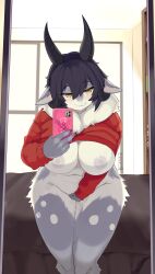 absurd_res anthro biped blush bodily_fluids bovid breasts caprine cellphone clothed clothing clothing_lift ears_down female genital_fluids goat hi_res horn mammal mirror mirror_selfie nipples phone pivoted_ears pussy_juice reflection selfie shirt shirt_lift skulkers smartphone smile smirk solo topwear