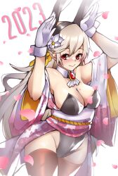 1340smile 1girls 2023 absurd_res blonde_hair breasts bunny_ears bunny_girl bunnysuit cleavage corrin_(fire_emblem) corrin_(fire_emblem)_(female) cravat female female_only fire_emblem fire_emblem_fates flower flower_in_hair hands_up hi_res highres kimono long_hair looking_at_viewer loose_sleeves new_year nintendo petals red_eyes smile solo stockings thighhighs thighs