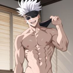 abs ai_generated black_blindfold gojo_senpai hands_up jujutsu_kaisen male male_only muscular muscular_male satoru_gojo shirtless stable_diffusion white_hair