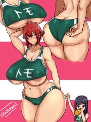 2girls aizawa_tomo areola_slip areolae armpits ass big_ass big_breasts bloomers blush breasts buruma cameltoe covered_nipples duo_kawa embarrassed female female_only huge_ass huge_breasts multiple_girls nipple_bulge no_text_version pink_background red_eyes red_hair revealing_clothes short_hair skimpy sports_bra standing striped_background thick thick_thighs tight_fit tomboy tomo-chan_wa_onna_no_ko underboob white_background wide_hips