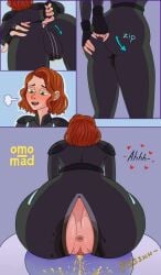 anus ass bathroom black_widow_(marvel) comic have_to_pee marvel marvel_cinematic_universe marvel_comics natasha_romanoff omo_mad omorashi peeing pussy scarlett_johansson stain toilet toilet_use unzipped_bodysuit urine urine_stream zipper_pull_tab