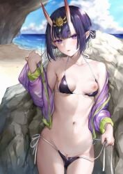 :3 against_rock ass_visible_through_thighs bare_shoulders beach bikini bikini_pull blue_sky bob_cut breasts closed_mouth clothes_pull cloud cowboy_shot day eyeliner fang_out fate/grand_order fate_(series) female groin hair_ornament hair_up halterneck hand_up highres holding horns jacket kaguyuzu leaning_back light_blush lips looking_at_viewer maebari makeup micro_bikini multicolored_clothes multicolored_jacket navel nipples ocean oerba_yun_fang off_shoulder one_breast_out oni_horns open_clothes open_jacket outdoors pointy_ears purple_bikini purple_eyes purple_hair purple_jacket pussy pussy_peek red_eyeliner rock sand short_eyebrows short_hair shuten_douji_(fate) side-tie_bikini_bottom sidelocks skin-covered_horns sky small_breasts smile solo standing stomach string_bikini swimsuit thick_eyebrows thighs two-tone_jacket untied untied_bikini unzipped zipper_pull_tab