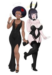 2girls big_breasts black_hair bunny_ears bunnysuit clothed clothing dark-skinned_female dark_skin dress female female_focus female_only light-skinned_female light_skin looking_at_viewer luenartt medium_breasts multiple_girls original revealing_clothes