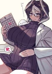 alternate_costume alternate_version_available big_breasts black_and_white_hair black_eyes black_hair blush calendar_(object) cameltoe female female_only fully_clothed glasses hair_between_eyes hand_on_stomach heart-shaped_pupils huge_breasts impregnation_request kingofbandit156 labcoat looking_at_viewer made_in_abyss mature_female ozen ribbed_sweater short_hair sitting solo spoken_heart sweater sweater_dress teacher turtleneck turtleneck_sweater two_tone_hair