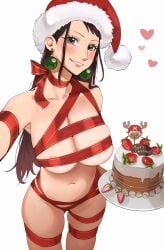 1girls black_hair breasts cake christmas christmas_outfit female female_only jerrydurd large_breasts looking_at_viewer nico_robin one_piece post-timeskip ribbon ribbon_bondage skindentation smile solo_female tagme