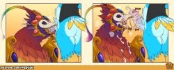 1boy 1girls anivia anthro anthro_on_feral avian beak beak_fetish bird blowjob bottomless clothed clothing cum cum_in_beak cum_in_mouth cum_inside cum_on_beak cum_on_chest duo erection fellatio female female_focus feral festival_queen_anivia foreskin foreskin_folds genitals hi_res humanoid_genitalia humanoid_penis intact league_of_legends male male/female oral oral_sex partial_male penis puggy retracted_foreskin riot_games straight taylor_vee uncut veiny_penis wonders_of_the_world_series zoophilia