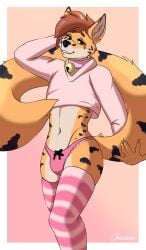 absurd_res anthro bell cheezar clothing collar felid feline fluffy fur girly hi_res hoodie legwear looking_at_viewer male mammal original_character panties presenting serval solo stockings submissive tail thigh_highs thighs topwear underwear ych