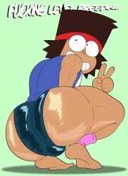 1boy 1femboy 2023 3_fingers ass big_ass big_eyes bottom_heavy bottom_heavy_femboy brown_body brown_hair brown_skin bulge cartoon_network ceegee crouching dark-skinned_femboy dark-skinned_male dark_skin dat_ass english english_text feet femboy femboy_focus femboy_only girly green_background headband huge_ass huge_butt k.o._(ok_k.o.!_let's_be_heroes) looking_back male male_only mouth mouth_open ok_k.o.!_let's_be_heroes peace_sign shadow shiny_ass smiling soles solo spats teeth text thick_ass thick_thighs thunder_thighs trap triangle_nose