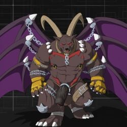 1:1 abs anthro bandai_namco belphemon belphemon_(rage_mode) belt bovid brown_body brown_fur caprine chains claws demon digimon digimon_(species) fur genitals goat hi_res horn male mammal muscular muscular_anthro muscular_male nipples pecs penis red_eyes riseson seven_great_demon_lords solo wings