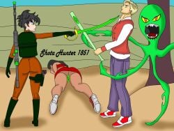 1girls 2boys artist_name backpack black_hair blonde_hair blue_eyes boots curvy curvy_figure cutlass danny_fenton danny_phantom dark-skinned_female dark_skin dash_baxter energy_weapon female ghosthunter1851(artist) handgun jock jumpsuit large_ass laser_gun letterman_jacket long_hair lying_on_stomach male monster octopus outdoors paulina_sanchez rifle rifleman scared_expression skin_tight sneakers sword thick_ass thick_thighs thong thong_panties threatening trap undershirt wide_hips