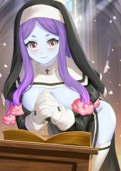 1girls big_breasts blue_skin blush boob_window breast_window cepheakurage church cross female gloves hands_together hands_together_elbows_apart jellyfish leaning_forward monster_girl no_bra no_panties nun nun's_habit nun_outfit purple_eyebrows purple_hair thick_thighs thighhighs thighs violet_eyes white_gloves white_thighhighs