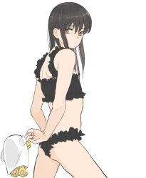 alternate_costume arms_behind_back black_bra black_hair black_panties crossdressing damascusn elizabeth_(gintama) expressionless femboy frilled_bra frilled_panties frills gintama hazel_eyes katsura_kotarou lingerie long_hair long_hair_male looking_at_viewer looking_back male male_only panties plushie solo trap yellow_eyes